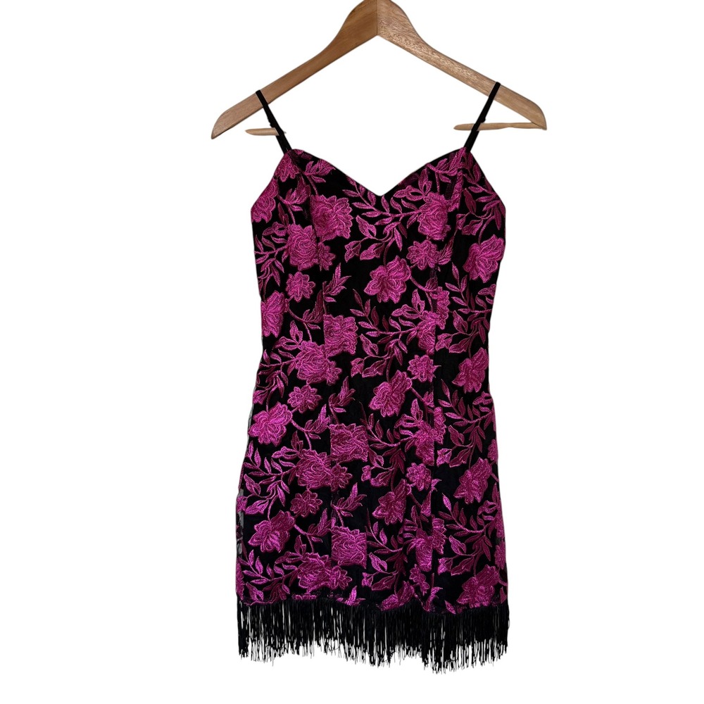 Speechless Mini Dress Womens 5 Black Fuchsia NEW Floral Fringe Cocktail G62